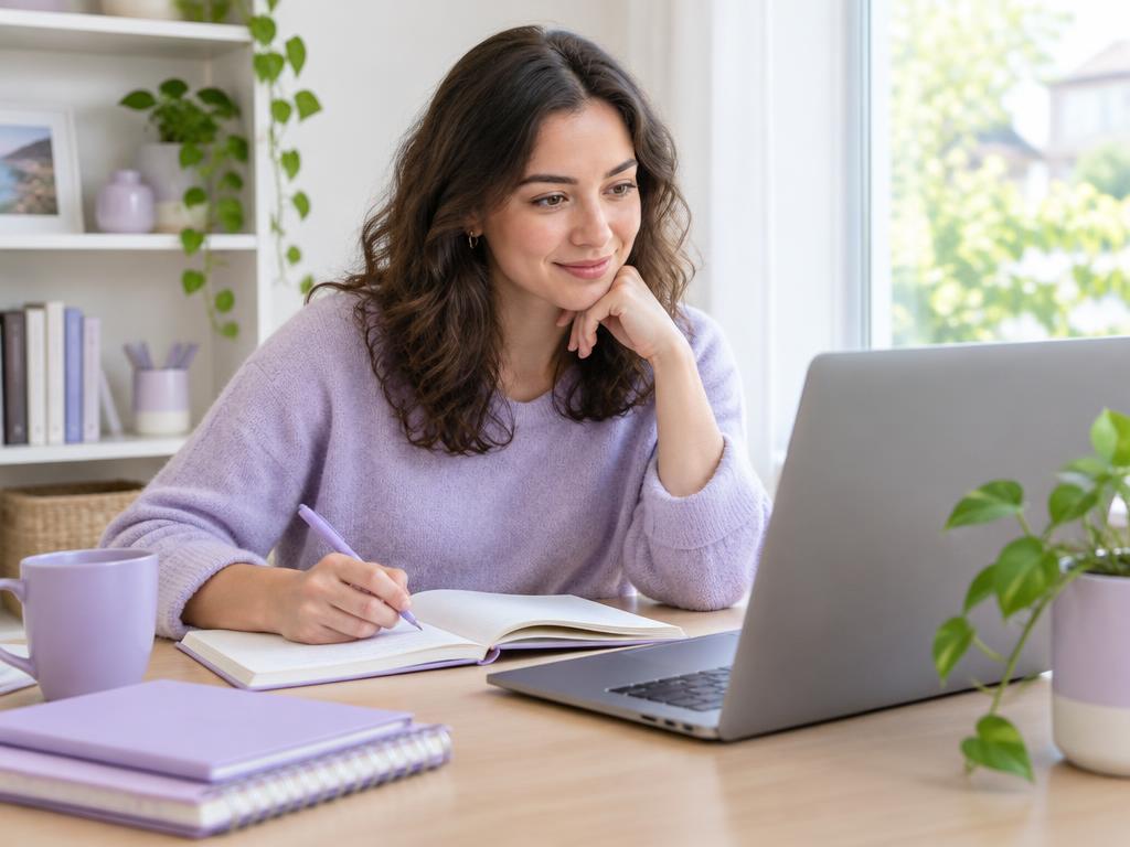 Adult learner taking notes during an online lesson